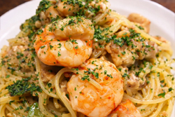 【ペペロンチーノ】海老とメカジキ